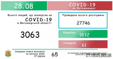 На Житомирщині за добу виявили 65 випадків коронавірусу